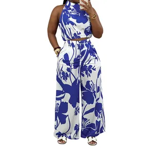 Elegant blue floral print sleeveless crop top and wide-leg pants two-piece set
