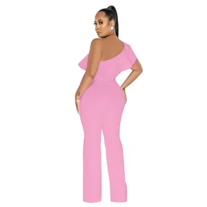 Rear view of a chic pink one-shoulder jumpsuit with elegant ruffle detailing and belt