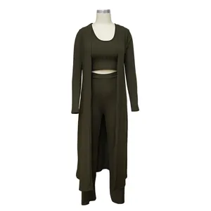 Front view of women's 3-piece olive green ribbed set with cardigan, top, and pants