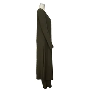 Side view of high-elasticity olive green ribbed knit three-piece set on mannequin.
