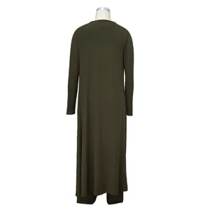 Detailed back view of a long olive green ribbed knit cardigan from a 3-piece stretch set.