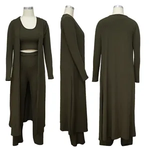 Three-piece ribbed knit set featuring crop top, pants, and long cardigan shown in three views.