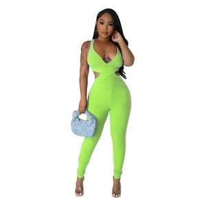 Mono ajustado sexy verde neón sin mangas con cuello de pico profundo acanalado