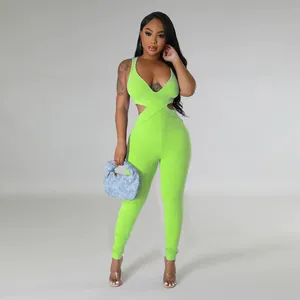 Mono ajustado sexy verde neón sin mangas con escote en V profundo para mujer chic