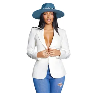 Sexy witte blazer met V-hals voor dames, modieus jasje met lange mouwen en een slanke pasvorm.