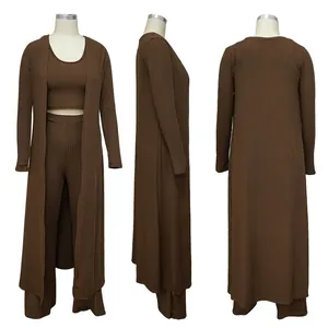 Three-view display of brown ribbed three-piece set showing cardigan, top and pants