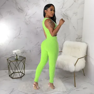 Mono ajustado sexy verde lima sin mangas con escote en V profundo para mujer moda