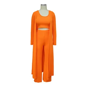 Orange high-stretch ribbed three-piece outfit set with long cardigan and wide pants