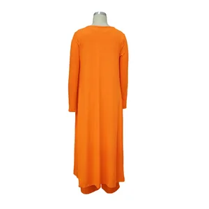 Detailed back view of bright orange high-elastic ribbed knit cardigan and trousers set