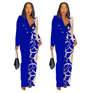 Ensemble tailleur deux pièces bleu roi pour femme avec col châle et motif baroque