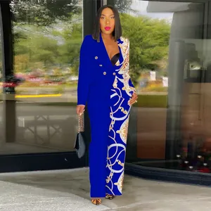 Ensemble blazer et pantalon élégant pour femme bleu royal avec imprimé chaînes