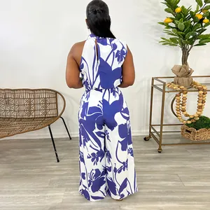 Back view of a stylish blue floral print sleeveless top and wide-leg trousers set