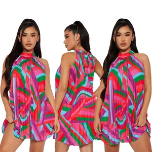 Multi-angle view of a vibrant pleated halter mini dress with colorful geometric prints