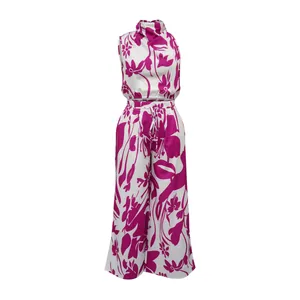 Elegant women's two-piece set featuring sleeveless floral top and wide-leg pants