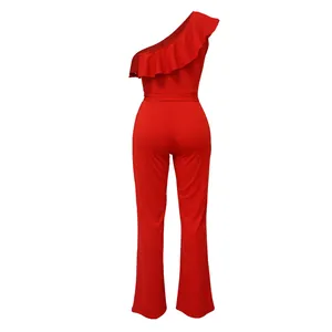 Back view detail of elegant red one-shoulder jumpsuit featuring a stylish ruffle design