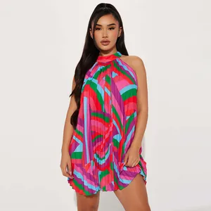 Vibrant colorful abstract print pleated halter neck sleeveless mini beach sun dress