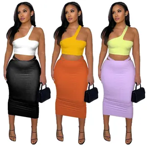Femmes Une Épaule Irrégulier Sans Manches Top Et Taille Haute Découpé Jupe Moulante Midi Top And Bottom Set Tenue Streetwear