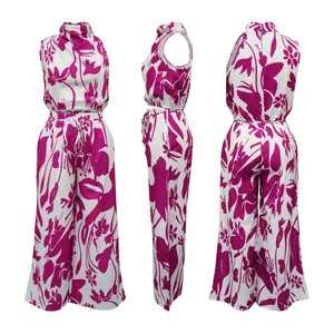 Floral print sleeveless top and wide-leg trousers two-piece set showing multiple views