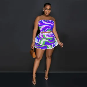 Two-piece set with purple swirl print strapless top and layered ruffled mini skirt