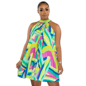 Vibrant colorful geometric print sleeveless halter neck pleated mini dress details.