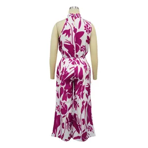 Back view detail of white and purple floral sleeveless wide-leg jumpsuit.