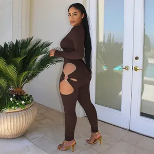 Sexy dark brown ribbed cutout jumpsuit with silver metal ring detail