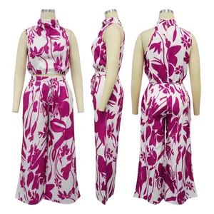 Detailed view of women's sleeveless crop top and floral wide-leg pant set from three angles
