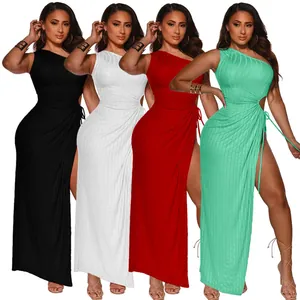 Sexy One Shoulder Cut Out Ribbed Maxi Dress For Women High Slit Drawstring Bodycon Nightclub Party Evening Dress Polyester