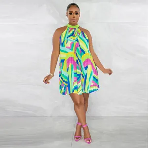 Colorful geometric print pleated halter dress for summer beach wear