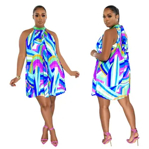 Detailed view of multi-color geometric print pleated halter neck sleeveless dress