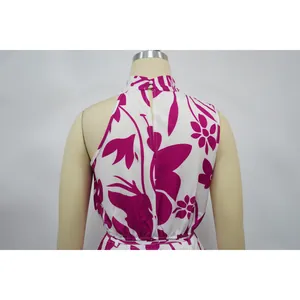 Back view detail of sleeveless floral print jumpsuit with high neck and buttons