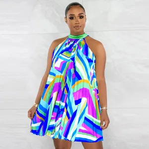 Stylish colorful printed pleated halter neck beach dress for women with sleeveless mini design