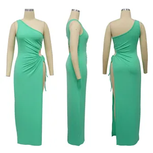 Mint green one-shoulder ribbed maxi dress with side cutout and high slit detail