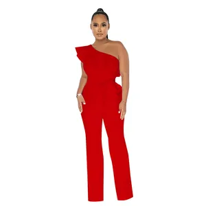 Elegant red one-shoulder jumpsuit with ruffle detail and matching waist belt for women