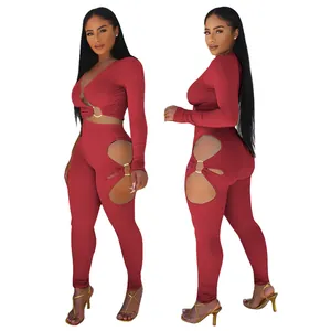 Sexy wine red ribbed two-piece set featuring front and side cut-out ring details
