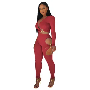 Sexy deep red two-piece ribbed set with long sleeve crop top and side cutout leggings