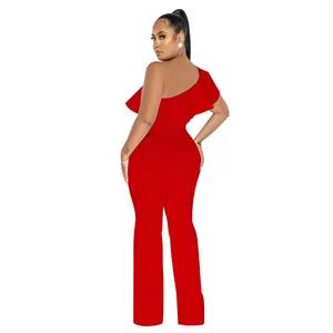 Red one-shoulder jumpsuit with elegant ruffle detailing and stylish wide leg fit