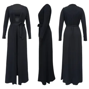 Ensemble de détente 3 pièces en maille côtelée noire pour femme avec cardigan long