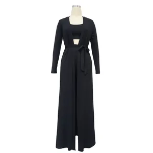 Ensemble 3 pièces noir en maille côtelée pour femme avec robe longue