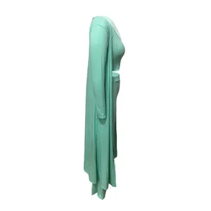 Side view detail of mint green ribbed three-piece set with long cardigan