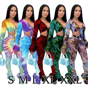 Donne Sexy Scollo a V Stringato Mesh Top E Pantaloni Manica Lunga a Campana Tie-Dye Stampato Per Clubwear Festa