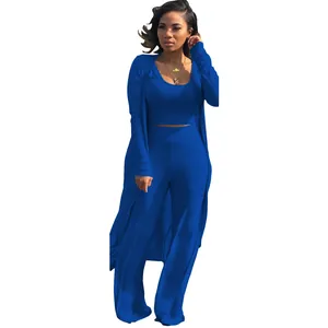 Sexy royal blue ribbed 3-piece set with crop top, pants, and long cardigan