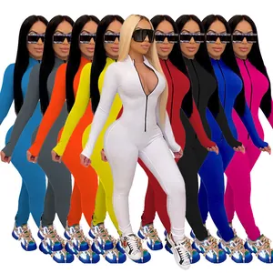 Showcase of sexy long-sleeved jumpsuits with front zippers in various solid colors