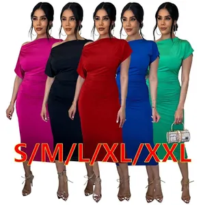 One Shoulder Ruched Bodycon Midi Dress For Women Sexy Solid Color Polyester Slim Fit Party Cocktail Sheath Dress K10150