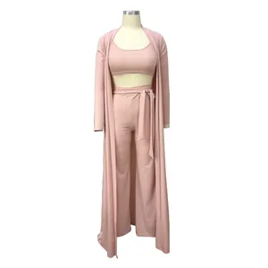 Ensemble de détente 3 pièces pour femmes en tricot côtelé rose avec long gilet et pantalon