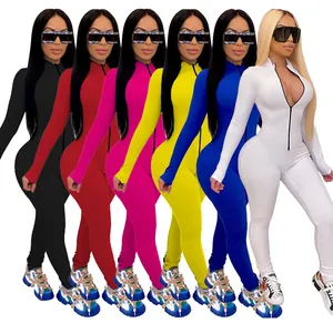 Sexy slim fit women's ribbed long sleeve jumpsuits in various solid colors with front zippers.