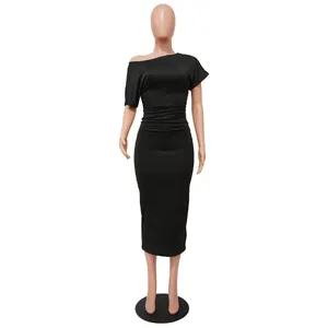 Full body view of a black one-shoulder ruched bodycon midi dress on a mannequin.