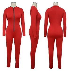 Detailed three-way view of a red long-sleeved slim fit sexy jumpsuit on mannequin