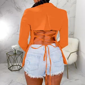 Sexy oranje blazer met lange mouwen voor dames met modieus vetersluiting achterkant