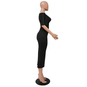 Detailed side profile of a black one-shoulder bodycon dress with ruched texture